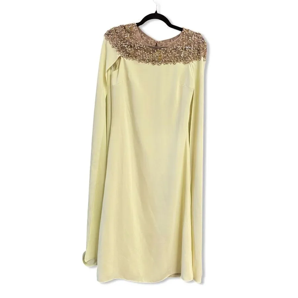 Marchesa Notte Yellow cape dress midi Gold Embellishments tulle evening $1700 4